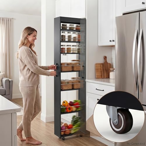 7-Tier Slim Mobile Shelving Cart with Wheels, Rolling Pantry with 7 Racks, Narrow Pull-Out Utility Cart, Space Saving Storage Organizer Carts for Kitchen Living Room Bathroom Narrow Spaces, Black - size: Black & 7.87"D x 17.72"W x 70.87"H