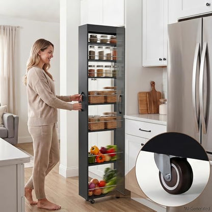 7-Tier Slim Mobile Shelving Cart with Wheels, Rolling Pantry with 7 Racks, Narrow Pull-Out Utility Cart, Space Saving Storage Organizer Carts for Kitchen Living Room Bathroom Narrow Spaces, Black - size: Black & 7.87"D x 17.72"W x 70.87"H