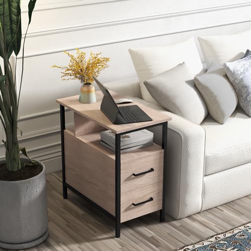 Livofloral Side Tables with Charging Station, Narrow End Table with 2 Wooden Drawers, USB Ports and Power Outlets, Narrow Nightstand and Bedside Table, Side Tables Living Room, Bedroom, Greige - color: Greige