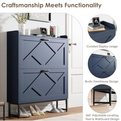 Nicetree Shoe Storage Cabinet, Shoe Cabinet with 2 Flip Drawers, Narrow Shoe Rack Cabinet, Farmhouse Slim Shoe Cabinet Storage for Entryway,Blue - color: Navy Blue