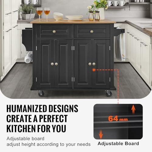 VEVOR Kitchen Island Cart, 35" Wood Top Mobile Carts with Storage Cabinet, Rolling Table with Drop Leaf, Spice Rack, Towel Bar, Adjustable Shelf, Drawer, and Hooks, Portable Islands on Wheels, Black - size: 35.4" W Drop Leaf, style: 2 Drawers & 4 Doors