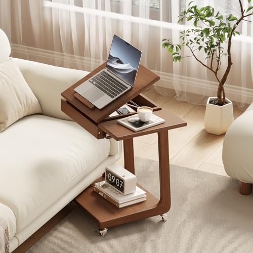 Solid Wood C Shaped End Table for Couch,Walnut C Table with Wheels,Rolling Side Table with Storage,Couch Desk with Adjustable Desktop,Rolling Tv Tray with Folding Shelf,Modern Couch Table - color: Walnut