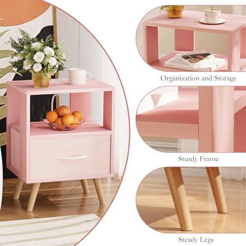 Huhote Kids Nightstand, 2-Tier Night Stand with Charging Station and Drawer, Modern Side Table for Bedroom, Study Room Small Spaces, Pink - color: Pink, size: 2-Tier with Charging