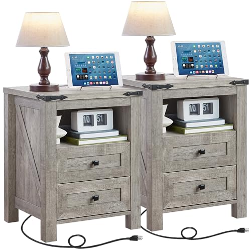 Joaxswe Nightstands Set of 2 with Charging Station, Farmhouse Night Stand with 2 Drawers and Shelf Storage, Wooden Side End Table, Bedside Cabinet for Bedroom, Living Room, Closet,Office (Grey) - color: Grey, size: 2 pack