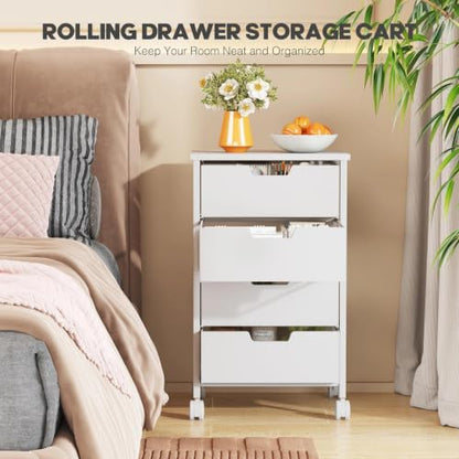 Rolling Cart with Drawers, Wooden Top and Front, with Wheels Metal Under Desk Storage Cart with 4 Drawers, for Office, Bedroom, Classroom, Home, White - color: White