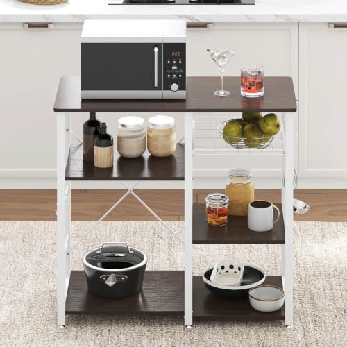 soges 3-Tier Kitchen Baker's Rack, Compact Microwave Stand, Walnut Black | Space-saving for Apartments, Kitchen, Pantry, Living Room, Sliding Storage Basket, 5 Hooks, Sturdy X-Frame, Easy Assembly - color: Walnut Black