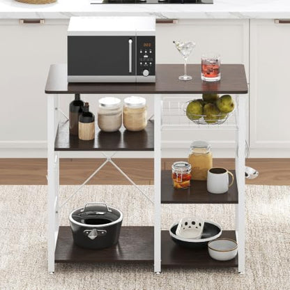 soges 3-Tier Kitchen Baker's Rack, Compact Microwave Stand, Walnut Black | Space-saving for Apartments, Kitchen, Pantry, Living Room, Sliding Storage Basket, 5 Hooks, Sturdy X-Frame, Easy Assembly - color: Walnut Black