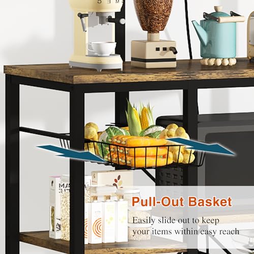 Recaceik Bakers Rack Kitchen Storage Rack with Power Outlet Microwave Stand Coffee Bar Station with 5 S-Hooks Freestanding Kitchen Shelves for Spices, Pots and Pans, Rustic Brown