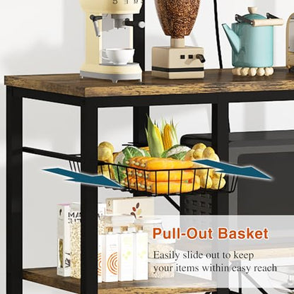 Recaceik Bakers Rack Kitchen Storage Rack with Power Outlet Microwave Stand Coffee Bar Station with 5 S-Hooks Freestanding Kitchen Shelves for Spices, Pots and Pans, Rustic Brown