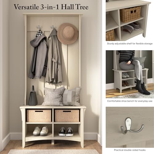 Bush Home Salinas Hall Tree with Shoe Storage Bench in Antique White, Multi-Purpose Home Organizer, Entryway Solution with Seating and Hooks - color: Antique White