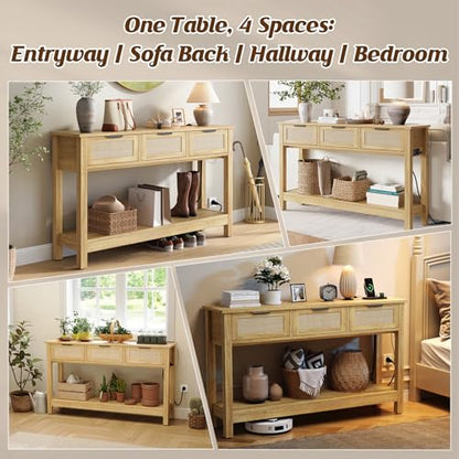 Luoxiao Entryway Table with Outlets & USB-C, 3 Drawers Rattan Console Table | Narrow Entry Table with Open Shelf, Anti-Tip, Easy Assembly, Boho Front Entrance Hallway Foyer Storage, 47 Inch, Natural Wood - color: Wood