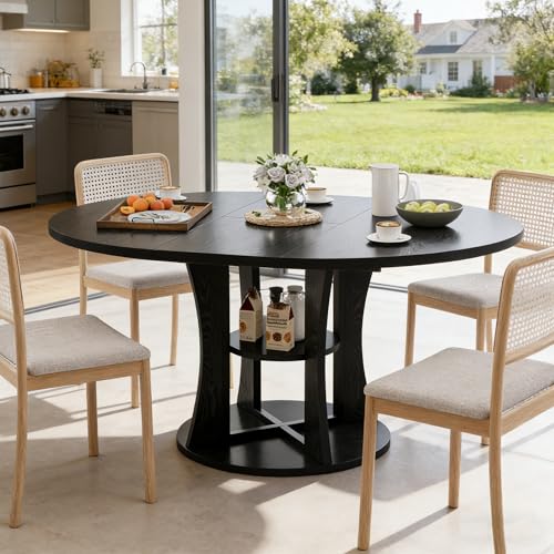 Extendable Round Dining Table for 4-6-8, 43.3-59in Expandable Dining Table with Storage Shelf, Space Saving Circle Oval Kitchen Table with Leaf for Dining Room, Black - color: Black