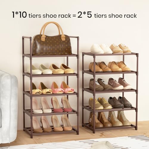 Tall 10 Tier Shoe Rack - 20-24 Pair Storage, Sturdy Metal Shoe Organizer with Hooks for Closet, Entryway, Brown - color: Brown