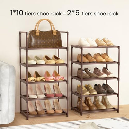 Tall 10 Tier Shoe Rack - 20-24 Pair Storage, Sturdy Metal Shoe Organizer with Hooks for Closet, Entryway, Brown - color: Brown
