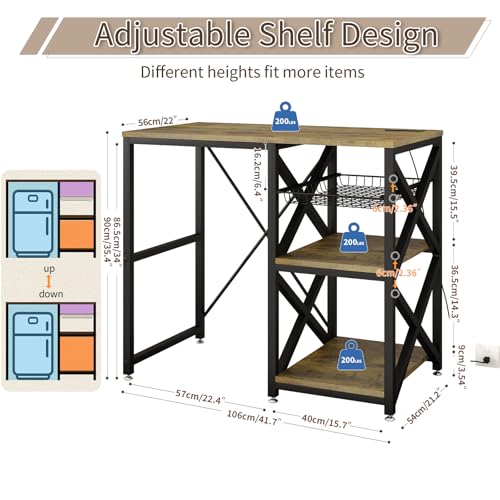 METYERRY Kitchen Bakers Rack with Power Outlet,Mini Fridge Cabinet with Mesh Basket, Mini Fridge and Microwave Table with Storage for Office,Kitchen,Living Room,Coffee Bar,Patio,Brown - color: Brown