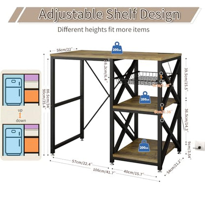METYERRY Kitchen Bakers Rack with Power Outlet,Mini Fridge Cabinet with Mesh Basket, Mini Fridge and Microwave Table with Storage for Office,Kitchen,Living Room,Coffee Bar,Patio,Brown - color: Brown