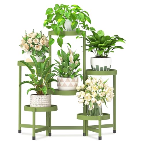 iDavosic.ly 6 Tier Folding Plant Stand Indoor Outdoor with Plastic Tray, Tiered Corner Flower Holder Shelf, Metal Orchid Display Rack for Patio Porch Living Room Garden Balcony, Green - color: Avocado Green, size: 6 Tiers