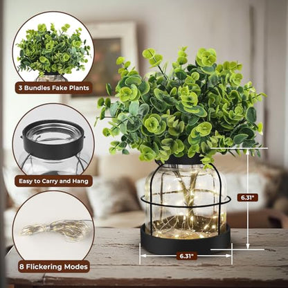 Farmhouse Rustic Glass Vases Primitive Country Lantern Coffee Dining Table Centerpiece Green Fake Artificial Eucalyptus Plants with Light Home Decor for Shelf Desk Counter Kitchen Bathroom, Black - style: Modern Decor