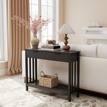 TaoHFE Black Narrow Console Table with Drawer Storage Shelf, Modern Wooden Entryway Sofa Table, 39 Inch Slim Behind Couch Table, Side Display Console Table for Living Room,Office,Black - color: Black