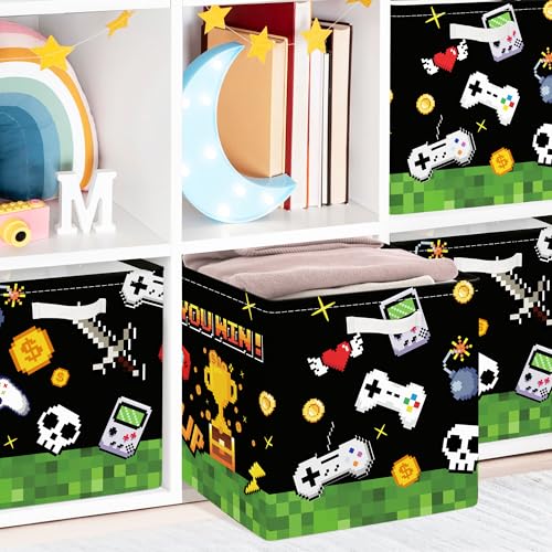 Clastyle Video Game Kid Storage Cube Organizer Set Black Gamepad Closet Clothes Cube Storage Bin Nursery Toddler Toy Box Chest Girl Boy Book Shelf Basket,Pixel Art,11.8x11.8x11.8 in - color: Pixel Art