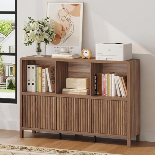 6 Horizontal Bookcase with 3 Doors, Low Farmhouse Cube Storage Organizer, Wood Bookshelf for Home Office, Bedroom, Living Room (Walnut) - color: Walnut With 3 Doors