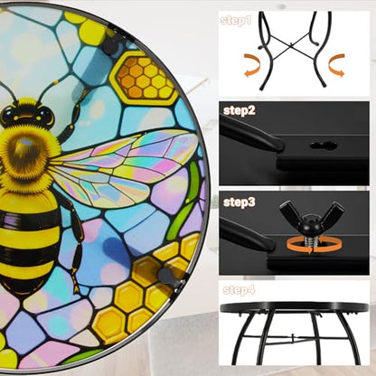 Small Side Table with Metal Frame, 10.5" Round Side Tables with Bee Pattern,Outdoor Table for Balcony,Terrace,Garden,Living Room - color: Bee