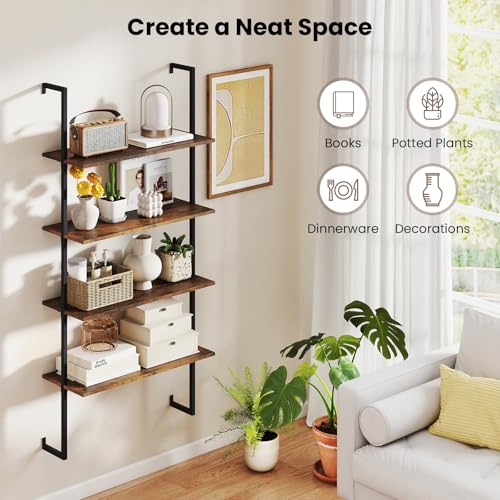 Tangkula 4-Tier Wall-Mounted Bookshelf, Industrial Floating Storage Display Shelves with Metal Frame, Wall-Mounted Ladder Wooden Bookcase for Living Room, Kitchen, Bar, Office (1, Brown) - color: Brown