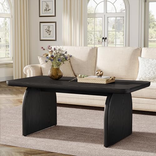 Tribesigns Rectangle Coffee Table, 47-Inch Wood Rectangular Living Room Table, Farmhouse Accent Center Low Cocktail Tea Table with Sturdy Base & Rounded Corners, Easy Assembly (Black) - color: Black