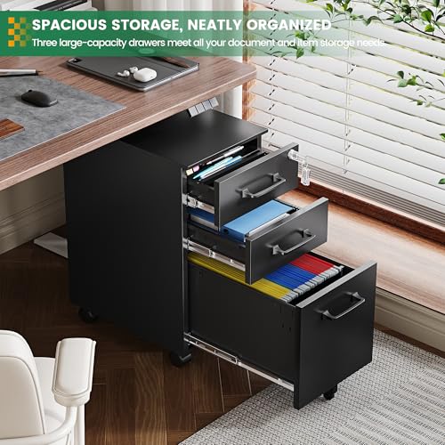 3 Drawer Slim File Cabinet, Mobile Filing Cabinet with Lock,Black Rolling Narrow File Cabinets with Casters, Under Desk Office Cabinets for Home Office,Fit A4/Letter/Legal(Unassembled) - color: Black, size: 11.8"W x 23.6"H x 17.7"D