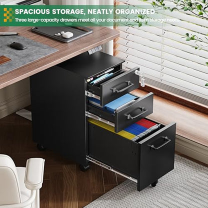 3 Drawer Slim File Cabinet, Mobile Filing Cabinet with Lock,Black Rolling Narrow File Cabinets with Casters, Under Desk Office Cabinets for Home Office,Fit A4/Letter/Legal(Unassembled) - color: Black, size: 11.8"W x 23.6"H x 17.7"D