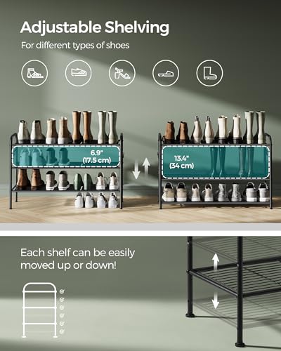 SONGMICS Shoe Rack, 3-Tier Shoe Organizer, Metal Shoe Shelf Storage with 4 Side Hooks, Holds 16 Pairs of Shoes, Height-Adjustable Shoe Rack for Entryway, Hallway, Closet, Ink Black ULMR138B01 - size: 3 Tiers (33.5"W)