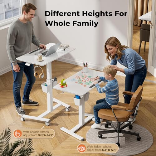 35" Glass Mobile Standing Desk with 90° Tilt, Rolling Whiteboard on Wheels | Height Adjustable Portable Drafting Table with Storage, Small Foldable Laptop Desk for School Home Office, White