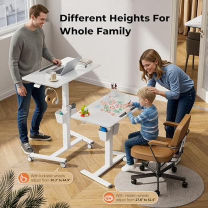 35" Glass Mobile Standing Desk with 90° Tilt, Rolling Whiteboard on Wheels | Height Adjustable Portable Drafting Table with Storage, Small Foldable Laptop Desk for School Home Office, White