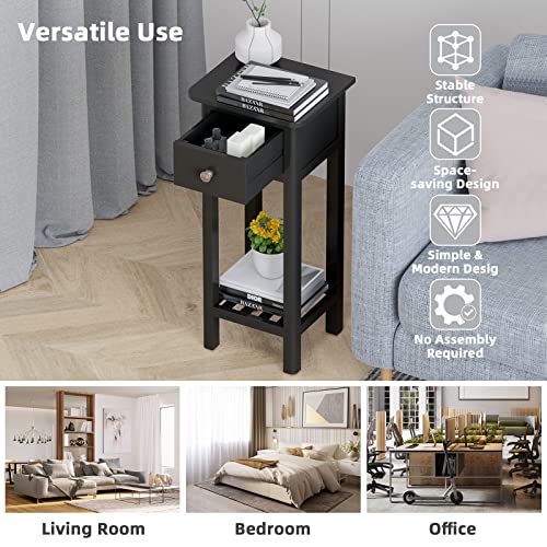 Giantex Tall End Table, Narrow Side Table with Drawer and Shelf, Acacia Wood Nightstand for Living Room, 2-Tier Bedside Table for Small Space, No Assembly, Black - color: Black
