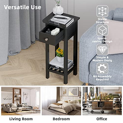 Giantex Tall End Table Set of 2, Narrow Side Table with Drawer and Shelf, Acacia Wood Nightstand for Living Room, 2-Tier Bedside Table for Small Space, No Assembly, Black - color: Black