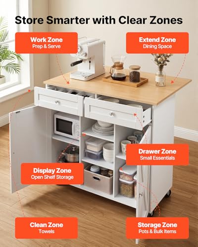 VEVOR Kitchen Island Cart with Storage, 45.67 in Wide Mobile Rolling Storage Island on Swivel Wheels, with 2 Drawers, Storage Cabinet, Drop Leaf, Towel Rack, Table for Home Dining Room, White - size: 45.67"W (dropleaf)