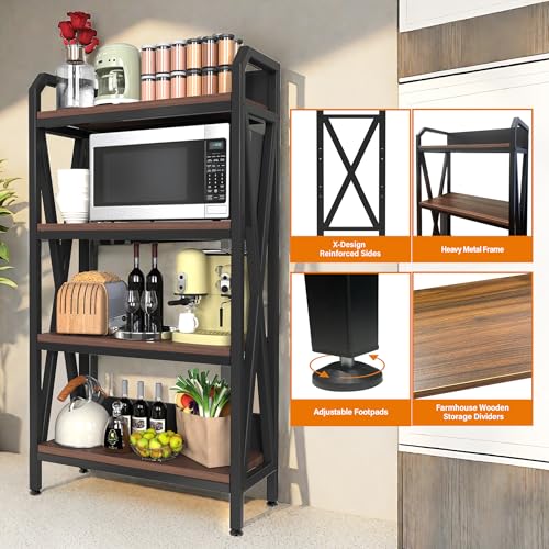 56.3” Baker‘s Rack for Kitchen, 4-Tier Metal Wood Shelf, Heavy Duty Adjustable Shelving Unit, Freestanding Organizer for Garage Pantry Bathroom Closet, Black Brown - size: 27.60''Length