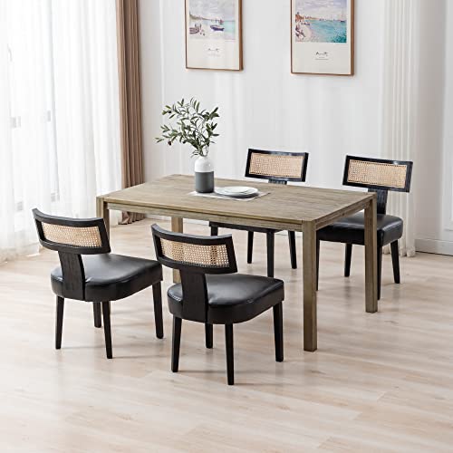 RIVOVA Rattan Dining Chairs Set of 4, Modern PU Leather Upholstered Kitchen Chairs, Wooden Dining Room Chair Farmhouse Dinner Chair, Black - color: Black Rattan