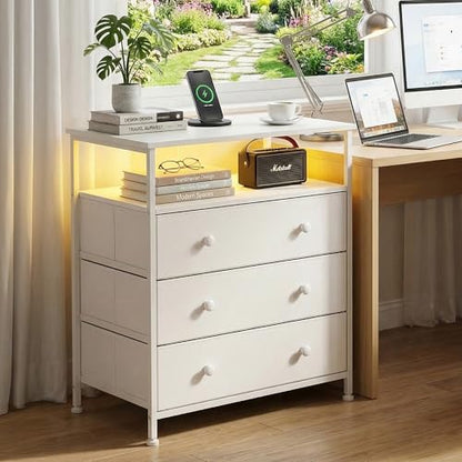 3-Drawer LED Nightstand Set 2 with Charging Station, White | Engineered Wood and Steel, 2 AC and 2 USB ports, 24 Inch Wide, RGB App Control, Fabric Drawers, Open Storage Shelf - color: White, 2 Pack