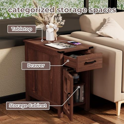 Farmhouse End Table with Charging Station, Narrow Side Table for Living Room, Sofa Side Table with Drawer and Storage Cabinet, Small Nightstand for Bedroom, Home Office - color: Cherry
