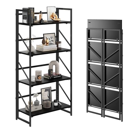 JSB No Assembly Folding Bookshelf, 4 Tier Industrial Metal Book Shelf for Storage, Vintage Wood Foldable Bookcase for Living Room, Bedroom, Office Organization Shelves - color: Black, size: Flat Tube 4-Tier