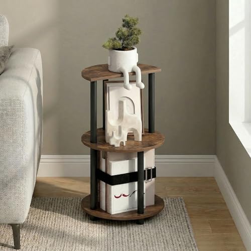 Furinno Turn-N-Tube Side Table, 3-Tier Round End Table, Amber Oak | Half Round Top Panel Night Stand, Nightstand, Bedside Table with Open Shelf, for Living Room, Bedroom - color: Amber Oak/Black