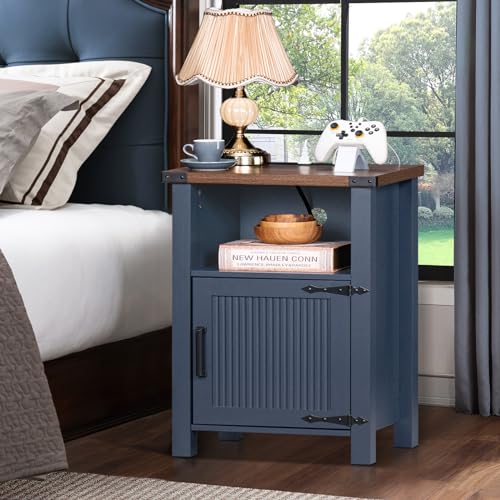Joaxswe Night Stand Set of 2, 18 Inch Farmhouse Nightstand with with Charging Station and USB Port, Rustic Couch End Table with Magnetic Door, Wood Bed Side Tables for Bedroom, Home, Navy Blue - color: Navy Blue