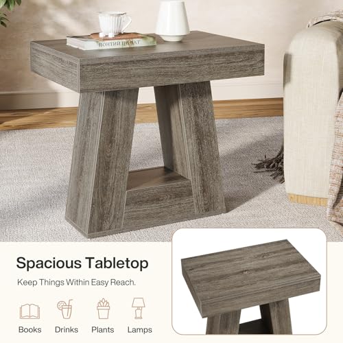 Tribesigns 24" Modern Side Table, 2-Tier Narrow Wooden End Table with Trapezoid Base, Farmhouse Small Nightstand for Living Room, Bedroom (1, Gray) - color: Grey