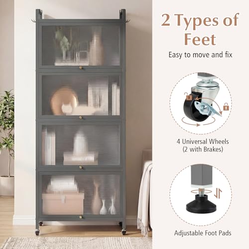 LDAILY 5-Tier Kitchen Storage Cabinet, Mobile Microwave Stand with Metal Frame, Double Anti-toppling Device, 4 Rolling Casters, Freestanding Bakers Rack for Kitchen, Dining Room, Living Room (Grey) - color: Grey