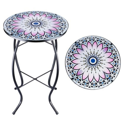 VCUTEKA Outdoor Side Table Mosaic End Table Patio Side Table Small End Tables Glass Top Round Balcony Coffee Porch Indoor Glass Top Flower 14'' - color: Flower