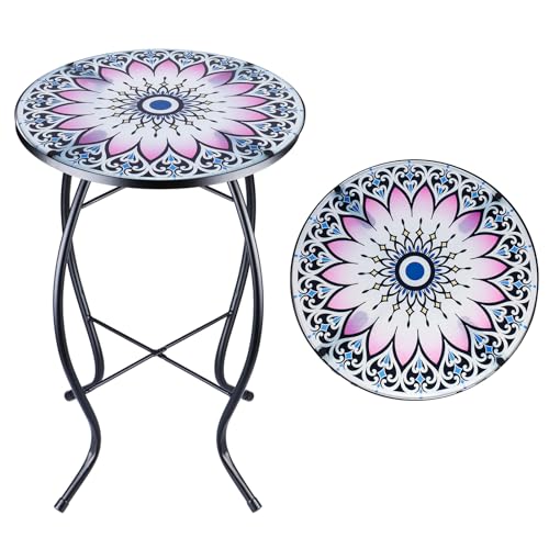 VCUTEKA Outdoor Side Table Mosaic End Table Patio Side Table Small End Tables Glass Top Round Balcony Coffee Porch Indoor Glass Top Flower 14'' - color: Flower
