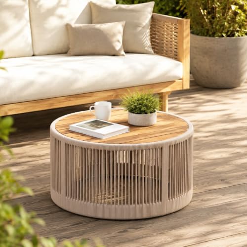 IRONORA Round Outdoor Coffee Table, Acacia Wood Top with Rope Woven Base, 26 Inch Diameter, Outdoor Side Table for Patio, Garden, Weather Resistant Patio Furniture - color: 26-inches Beige