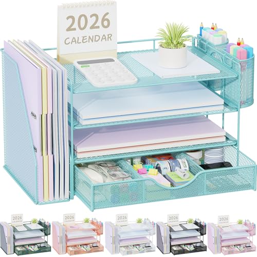 gianotter Desk Organizers and Accessories with File Holder, 4-Tier Desk Accessories & Workspace Organizers with Drawer and 2 Pen Holder, Paper Organizer for Office Supplies (Blue) - color: Blue, size: 4T