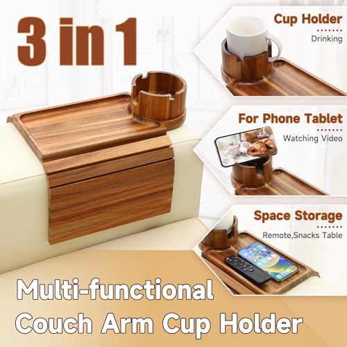 Couch Cup Holder Tray,Acacia Wood Sofa Arm Clip on Tray Table with 360° Rotation Cup Holder,Foldable Anti-Slip Couch Armrest Table for Coffee Mug,Water Bottles,Snacks,Remote on Large Armrest - color: Acacia Wood